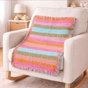 Handmade Super Soft Colorful Striped Crocheted Newborn Baby Blanket w Ruffle New